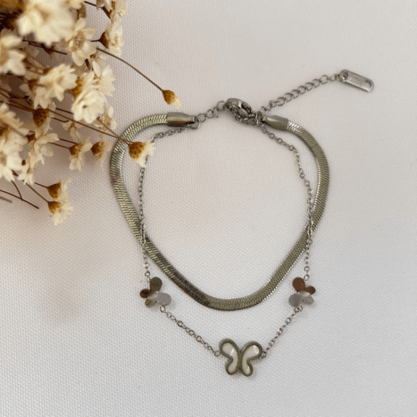 Pulseira Dupla Fita e Borboletinhas em Aço Inoxidável